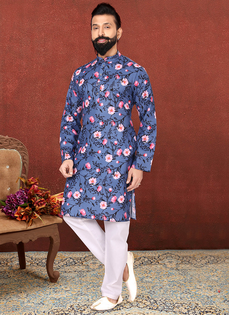 Slate Blue Cotton Printed Mens Kurta Set