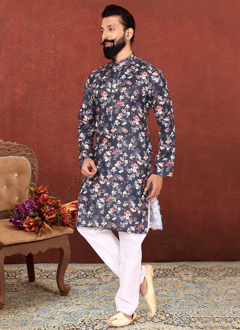 Charcoal Cotton Printed Mens Kurta Set