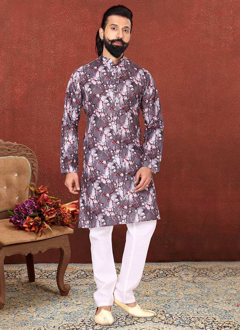 Dusty Grey Cotton Printed Mens Kurta Set