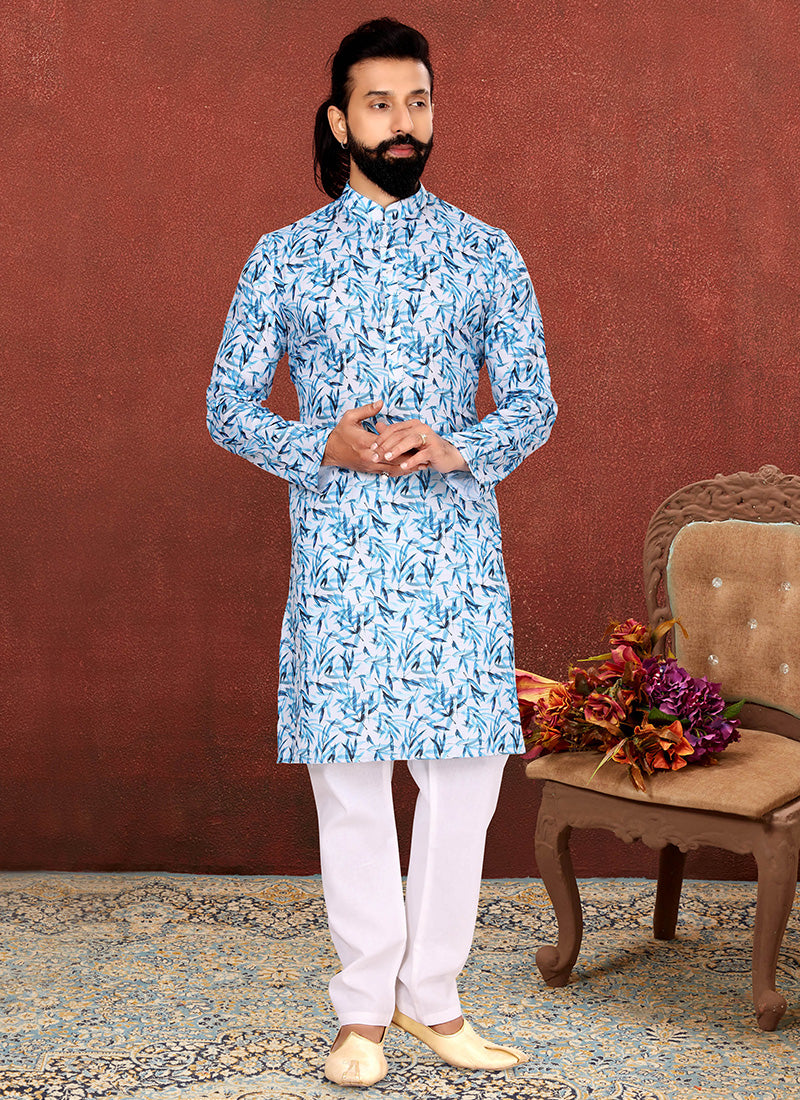 White Cotton Printed Mens Kurta Set