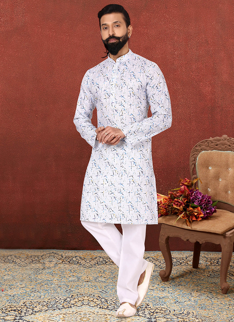 White Cotton Printed Mens Kurta Set