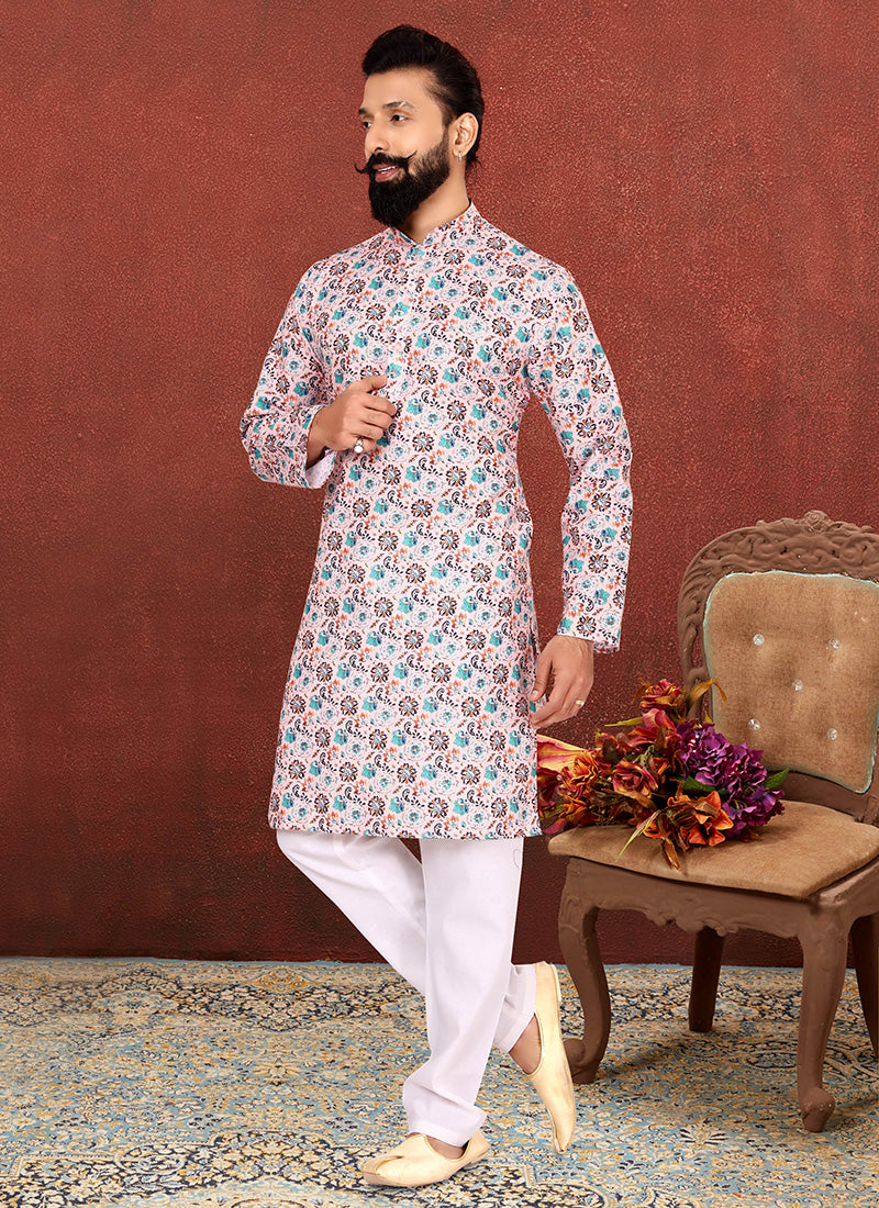 Blush Pink Cotton Printed Mens Kurta Set