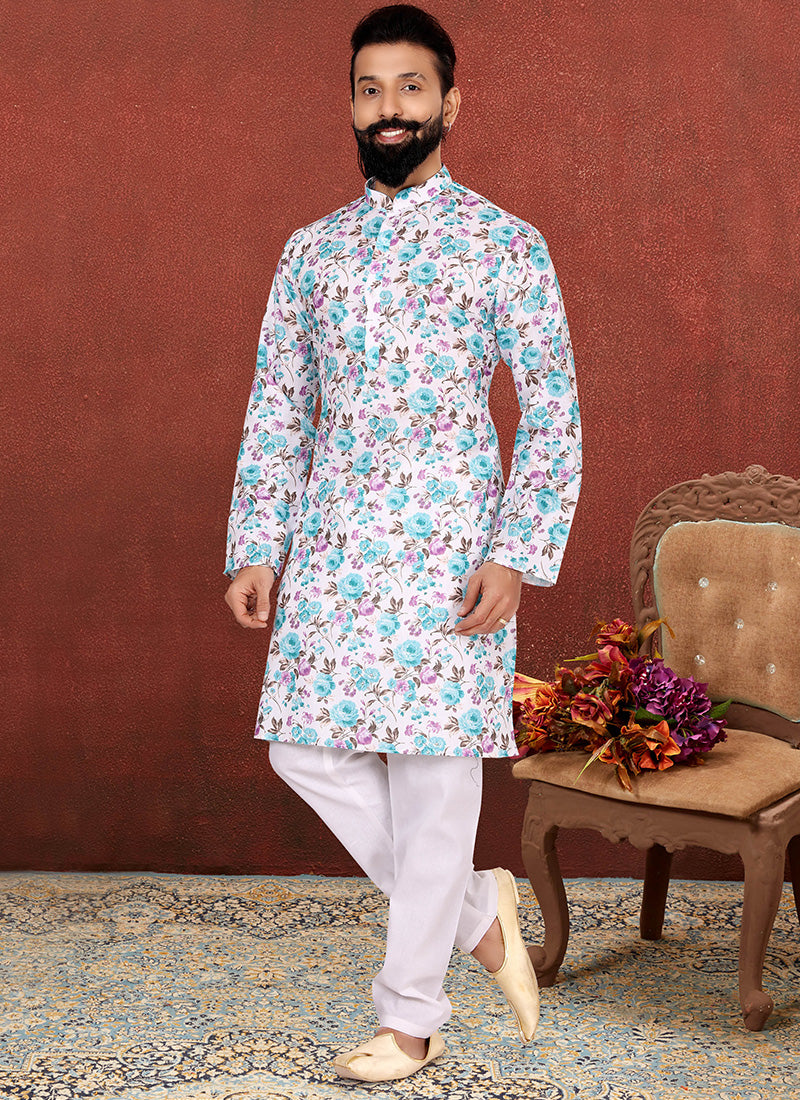 White Cotton Printed Mens Kurta Set