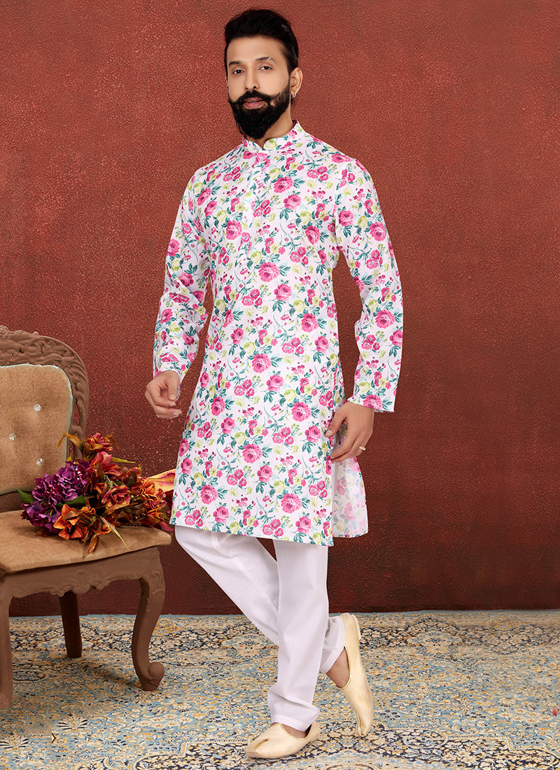 White Cotton Printed Mens Kurta Set