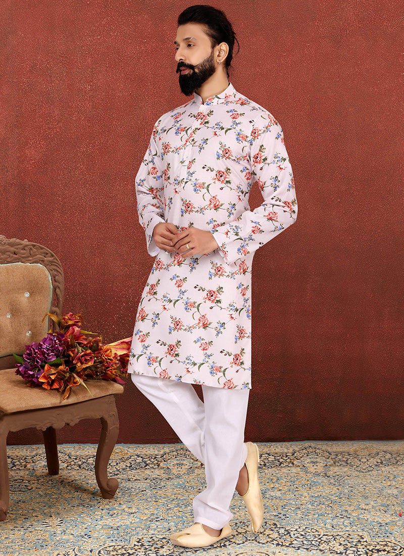 White Cotton Printed Mens Kurta Set