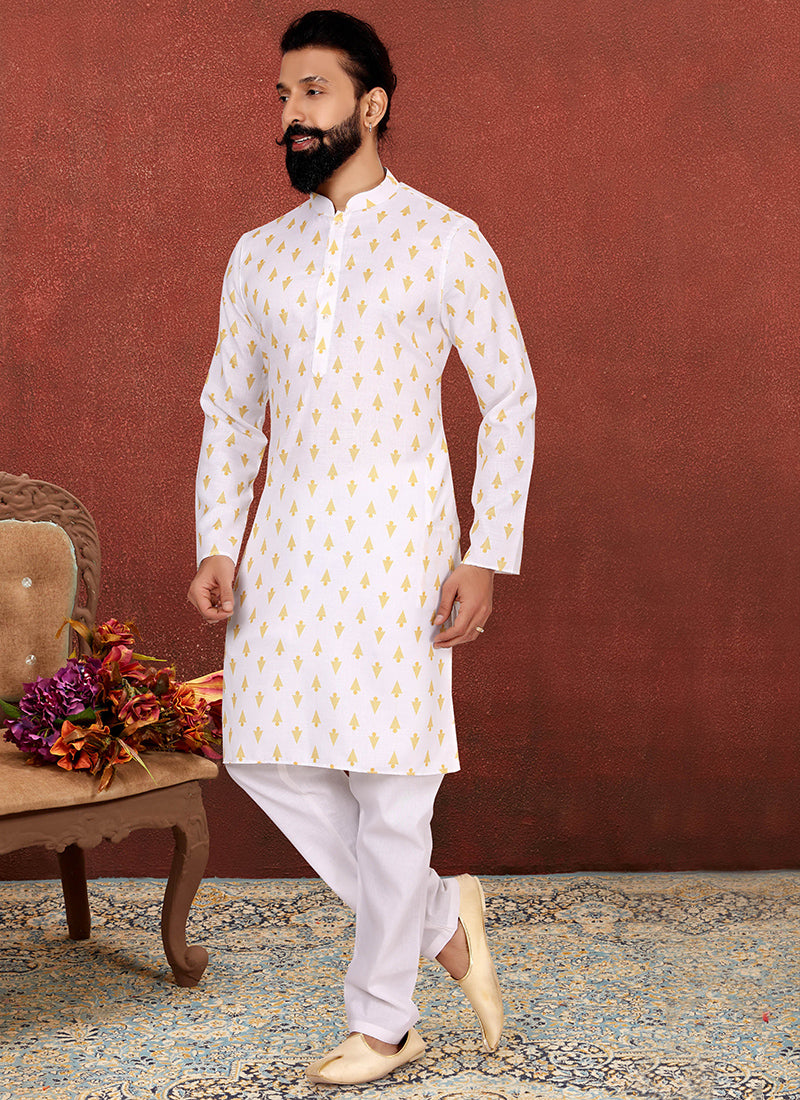 White Cotton Printed Mens Kurta Set