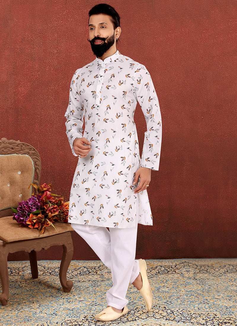 Off White Cotton Printed Mens Kurta Set