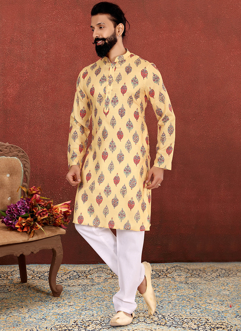 Yellow Cotton Printed Mens Kurta Set