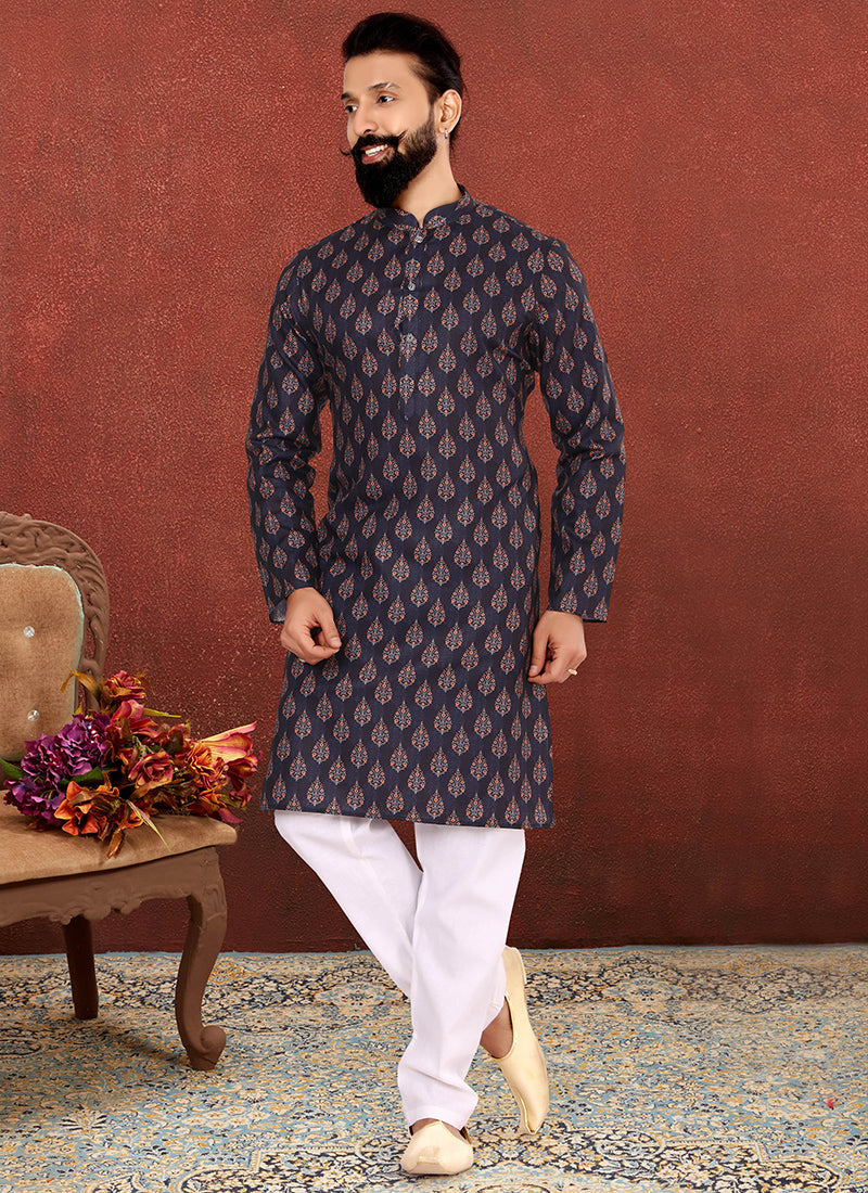 Midnight Blue Cotton Printed Mens Kurta Set