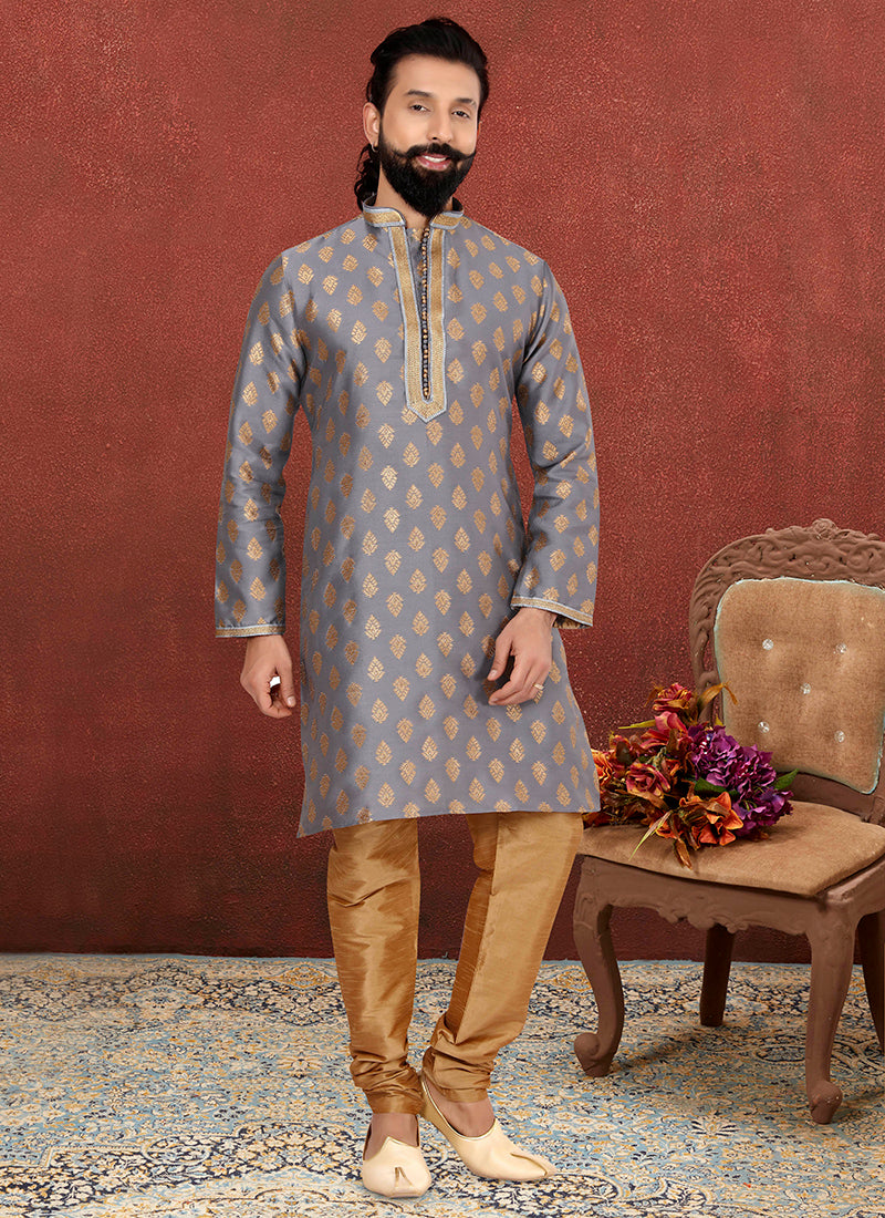 Stone Grey Jacquard Silk Mens Kurta Set