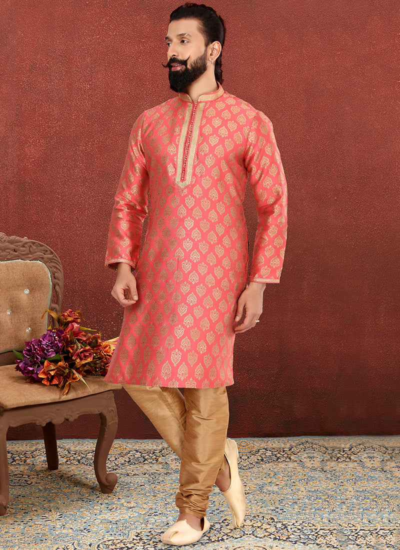 Salmon Pink Jacquard Silk Mens Kurta Set