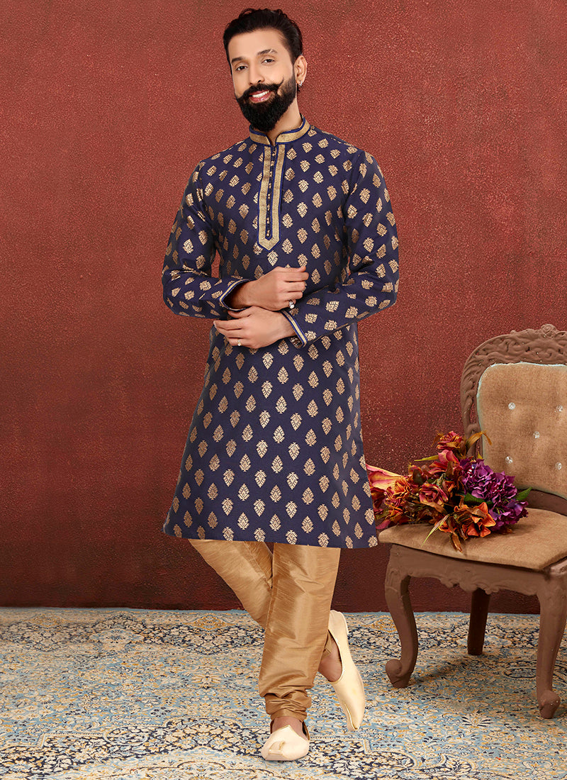 Navy Blue Jacquard Silk Mens Kurta Set
