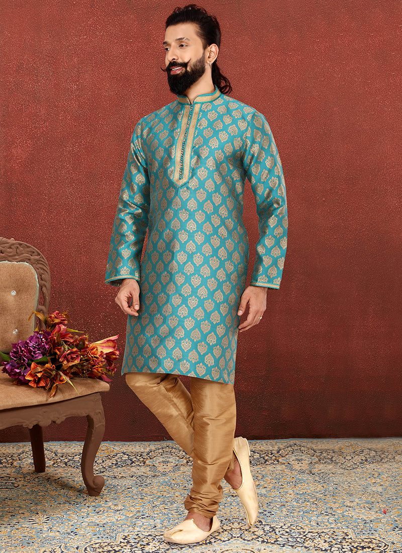 Rama Green Jacquard Silk Mens Kurta Set