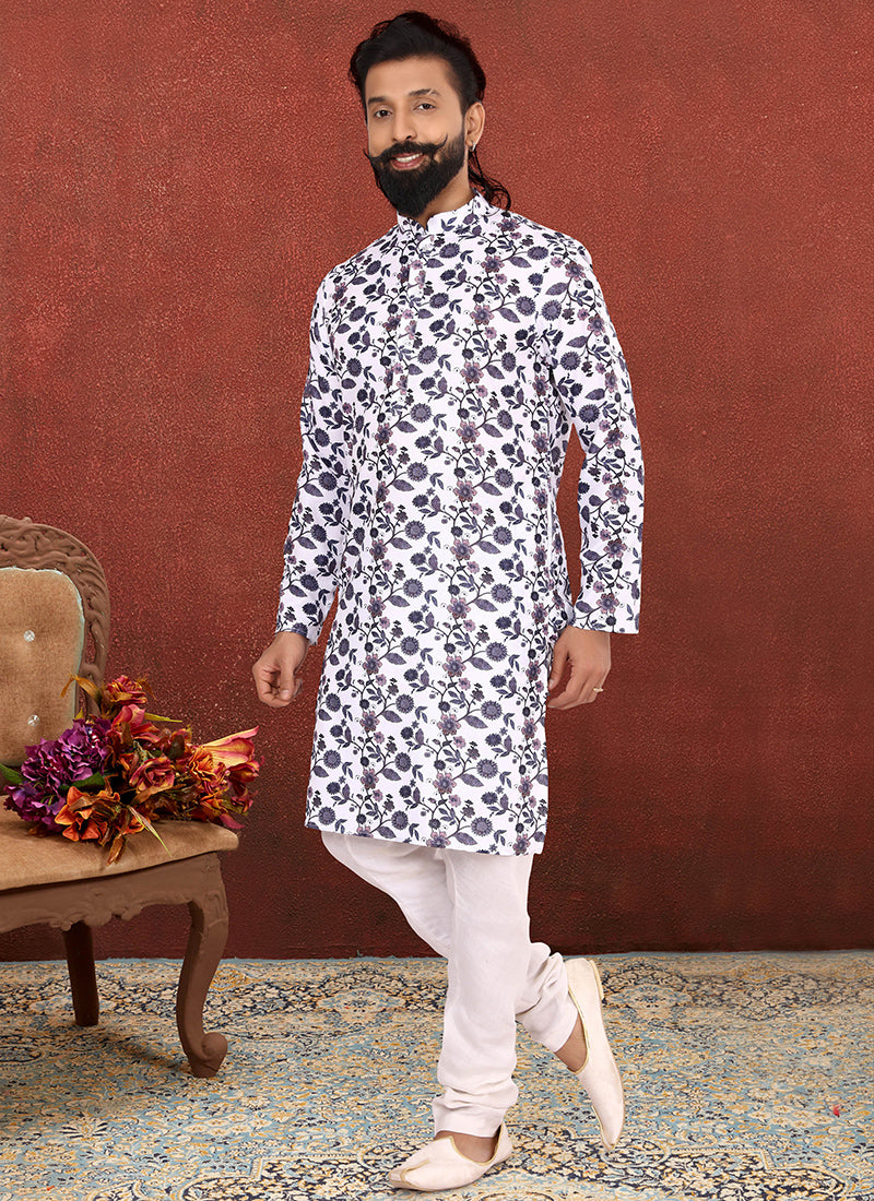 White Cotton Mens Kurta Set
