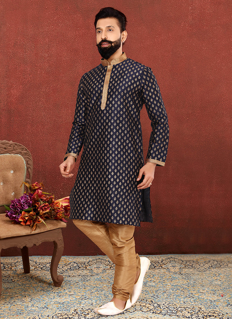 Black Banarasi Dhupion Silk Mens Kurta Set