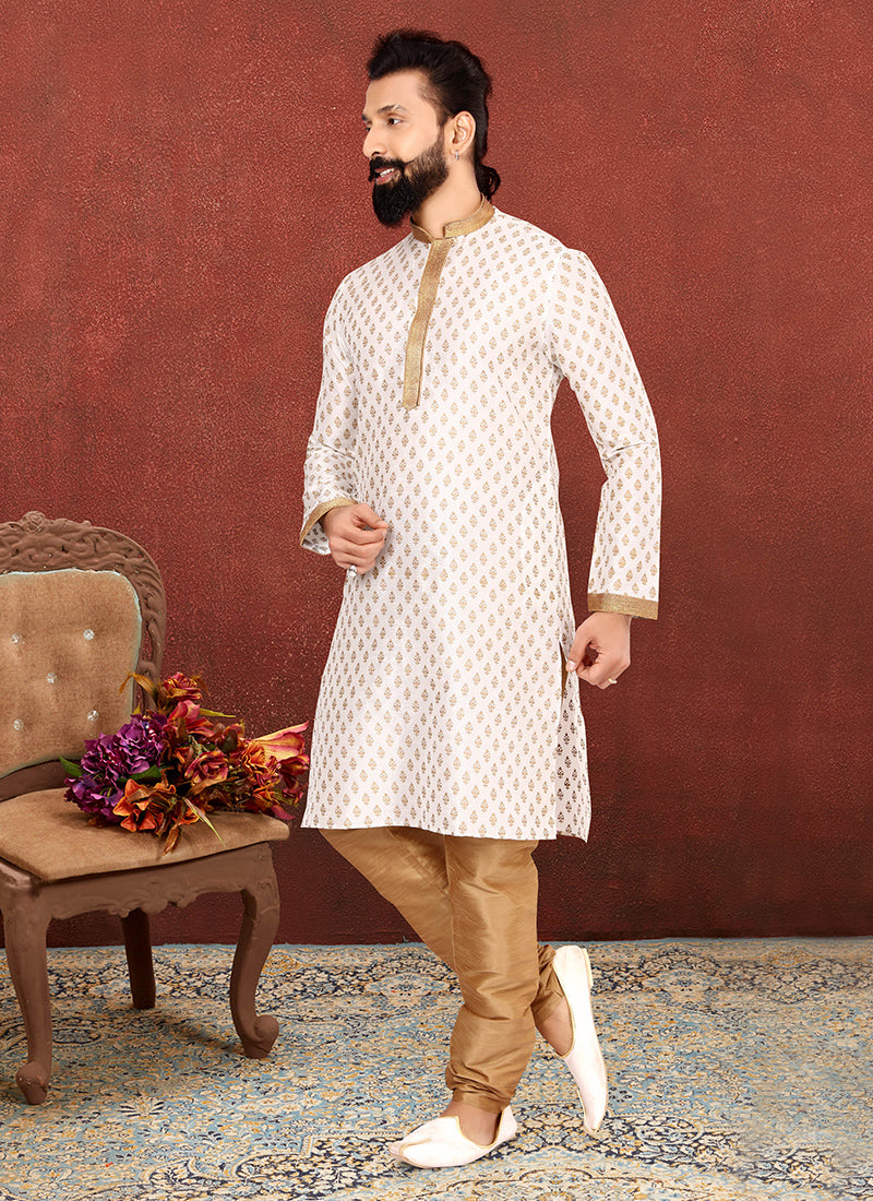 White Banarasi Dhupion Silk Mens Kurta Set