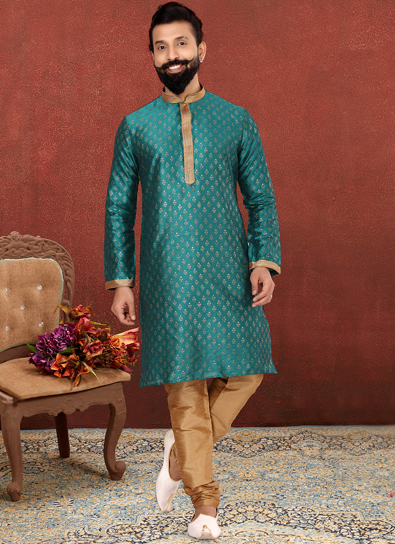 Peacock Green Banarasi Dhupion Silk Mens Kurta Set