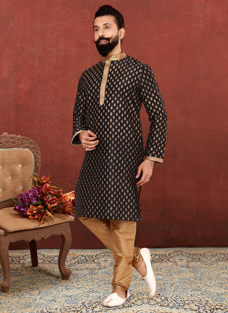 Black Banarasi Dhupion Silk Mens Kurta Set