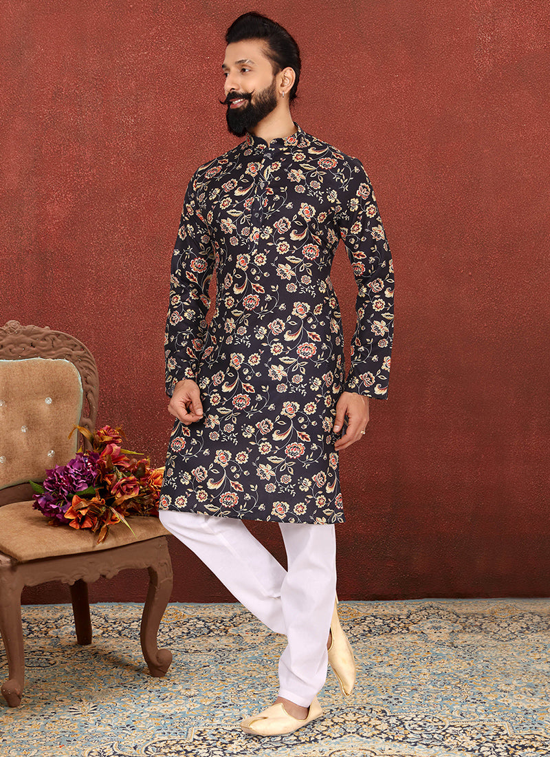 Black Banarasi Dhupion Silk Mens Kurta Set