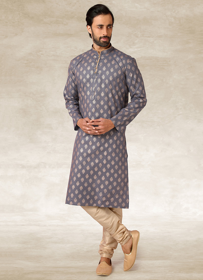 Slate Grey Handloom Cotton Mens Kurta Pyjama Set