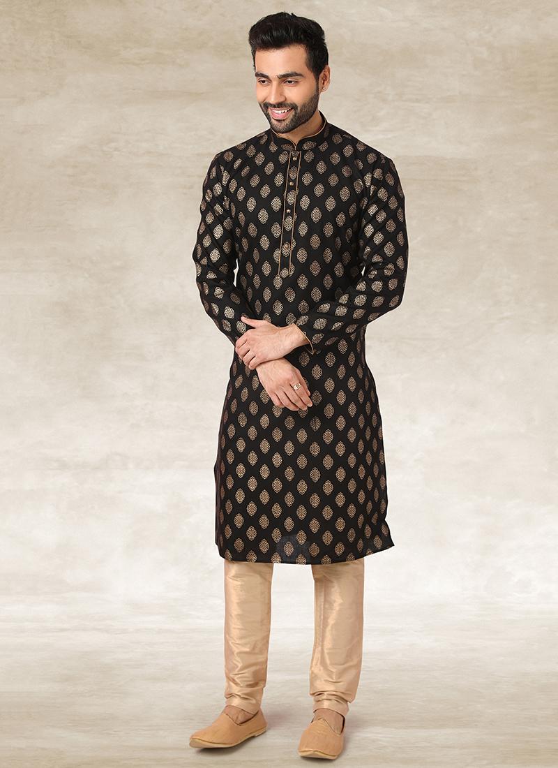 Black Handloom Cotton Mens Kurta Pyjama Set