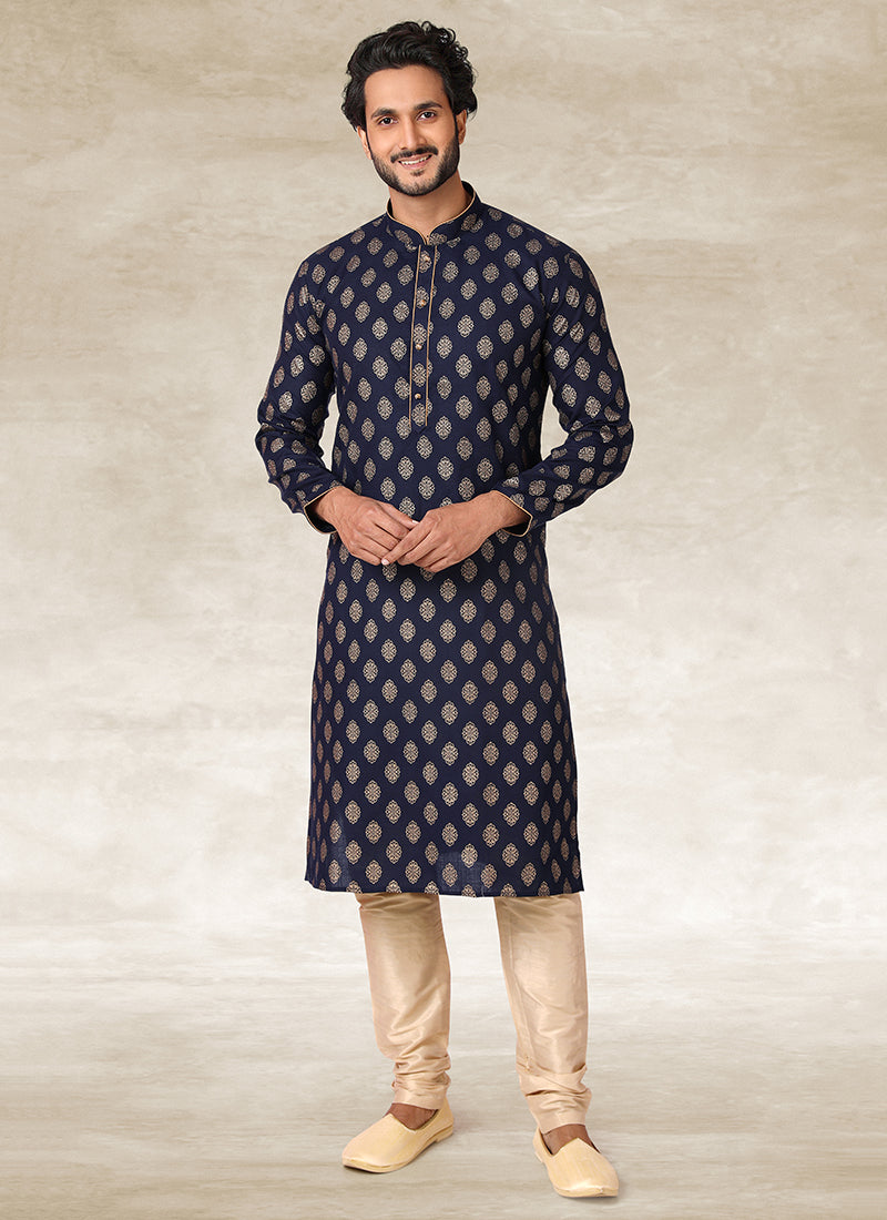 Navy Blue Handloom Cotton Mens Kurta Pyjama Set