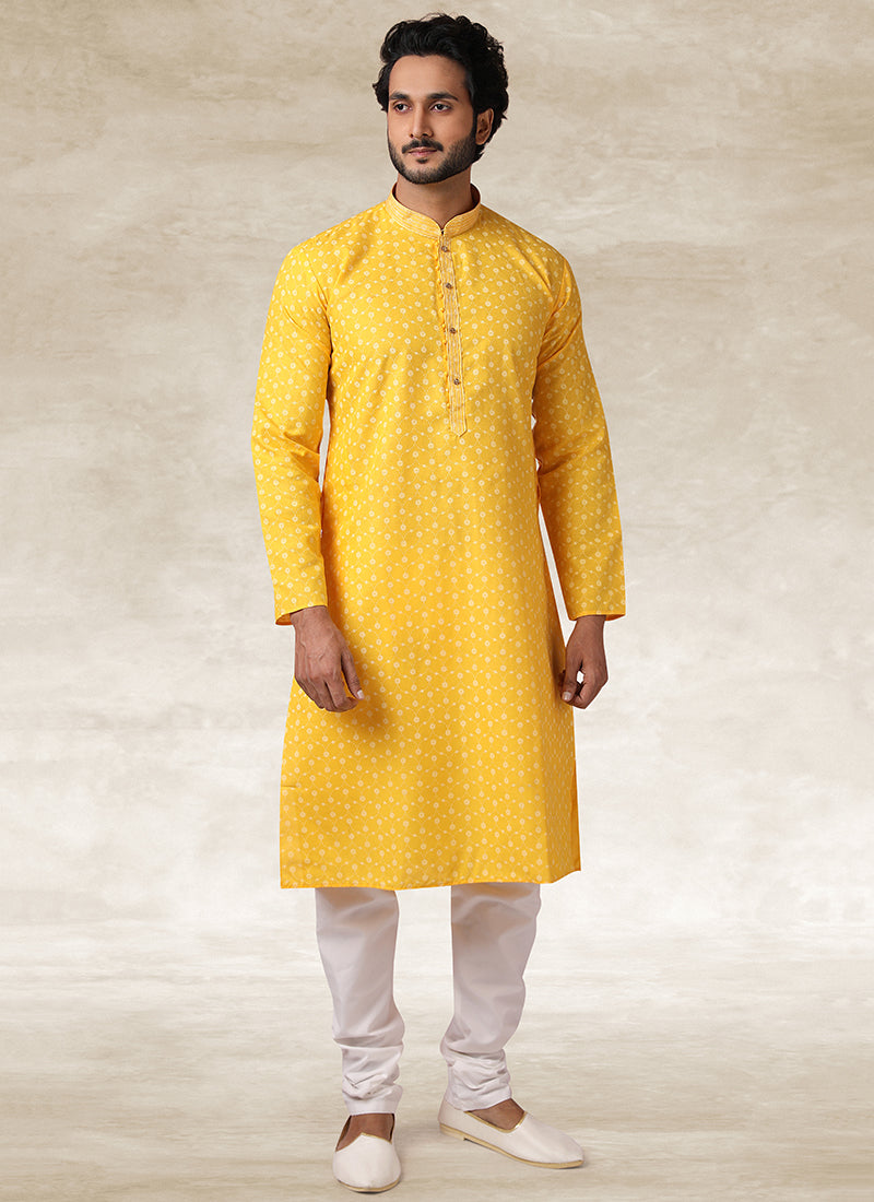 Yellow Handloom Cotton Mens Kurta Pyjama Set
