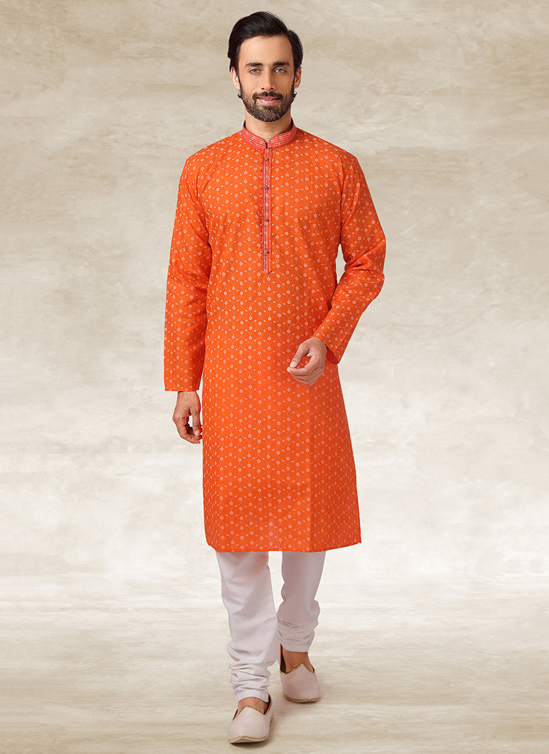 Orange Handloom Cotton Mens Kurta Pyjama Set