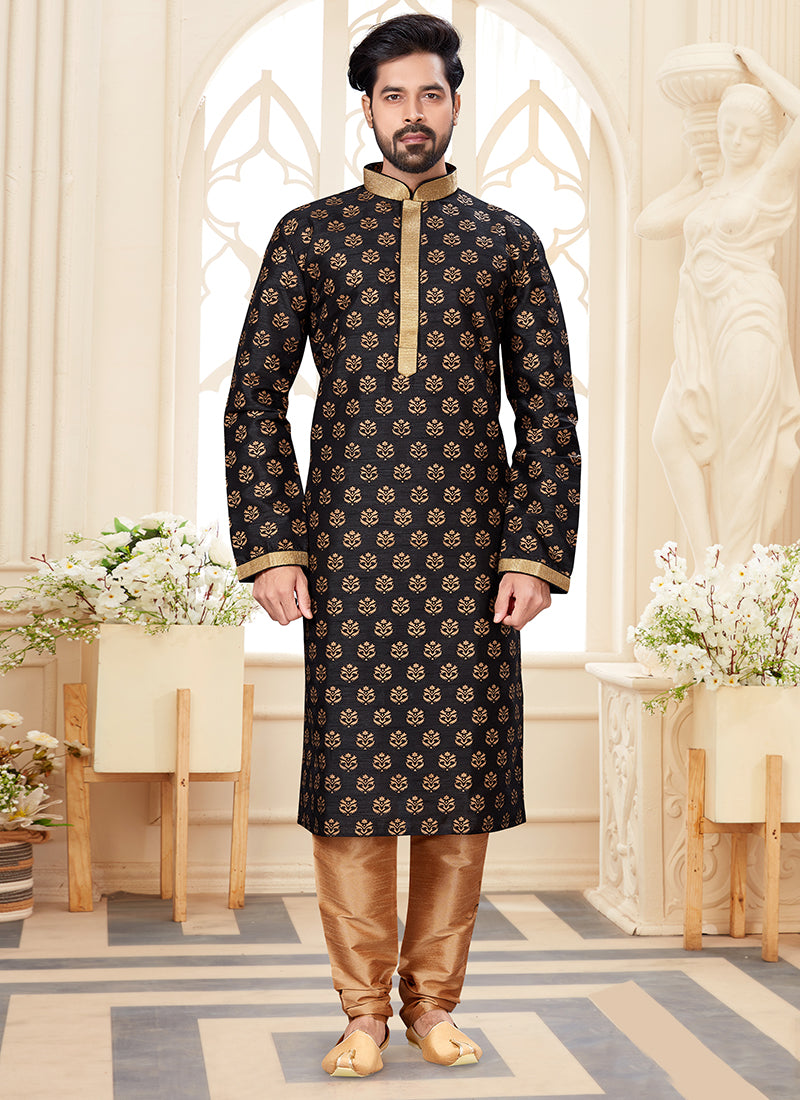 Black Silk Dupion Mens Kurta Pyjama Set