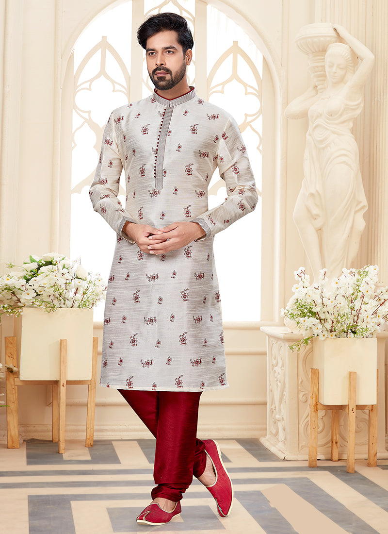 Pearl White Silk Dupion Mens Kurta Pyjama Set