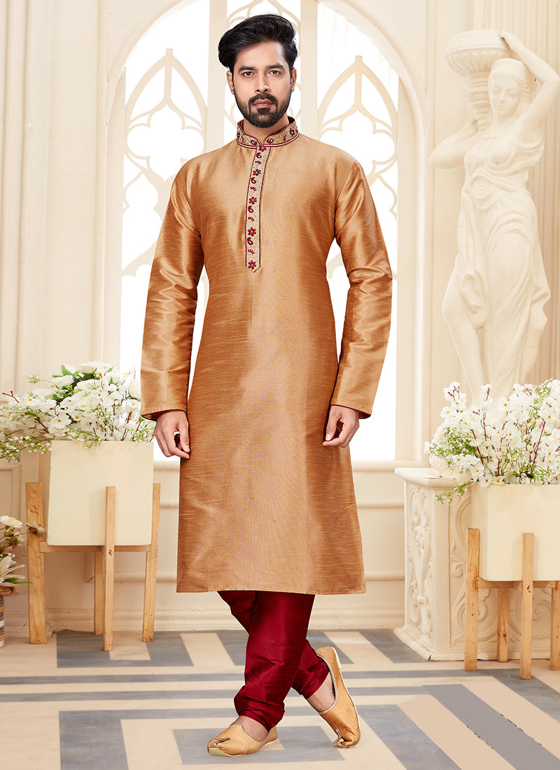 Beige Silk Dupion Mens Kurta Pyjama Set