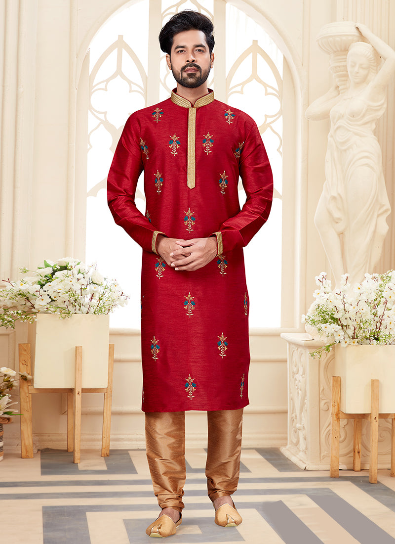 Maroon Silk Dupion Mens Kurta Pyjama Set