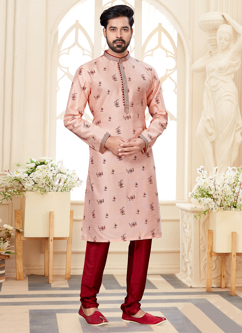 Blush Pink Silk Dupion Mens Kurta Pyjama Set