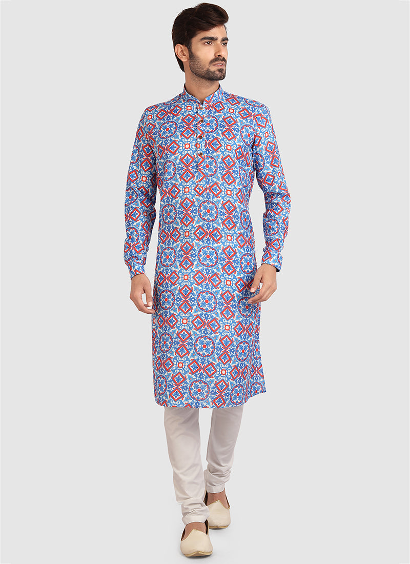 Multicolor Cotton Mens Kurta Pyjama Set