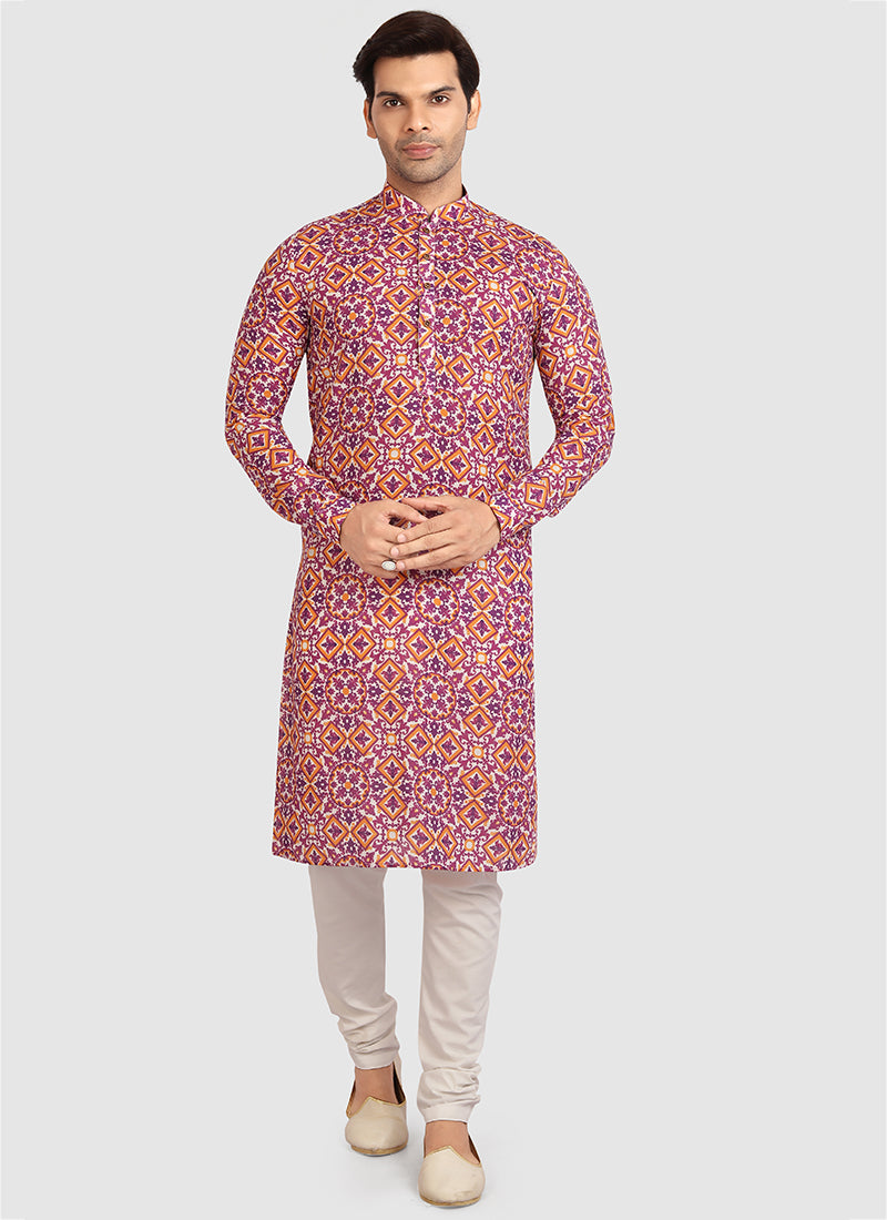 Multicolor Cotton Mens Kurta Pyjama Set