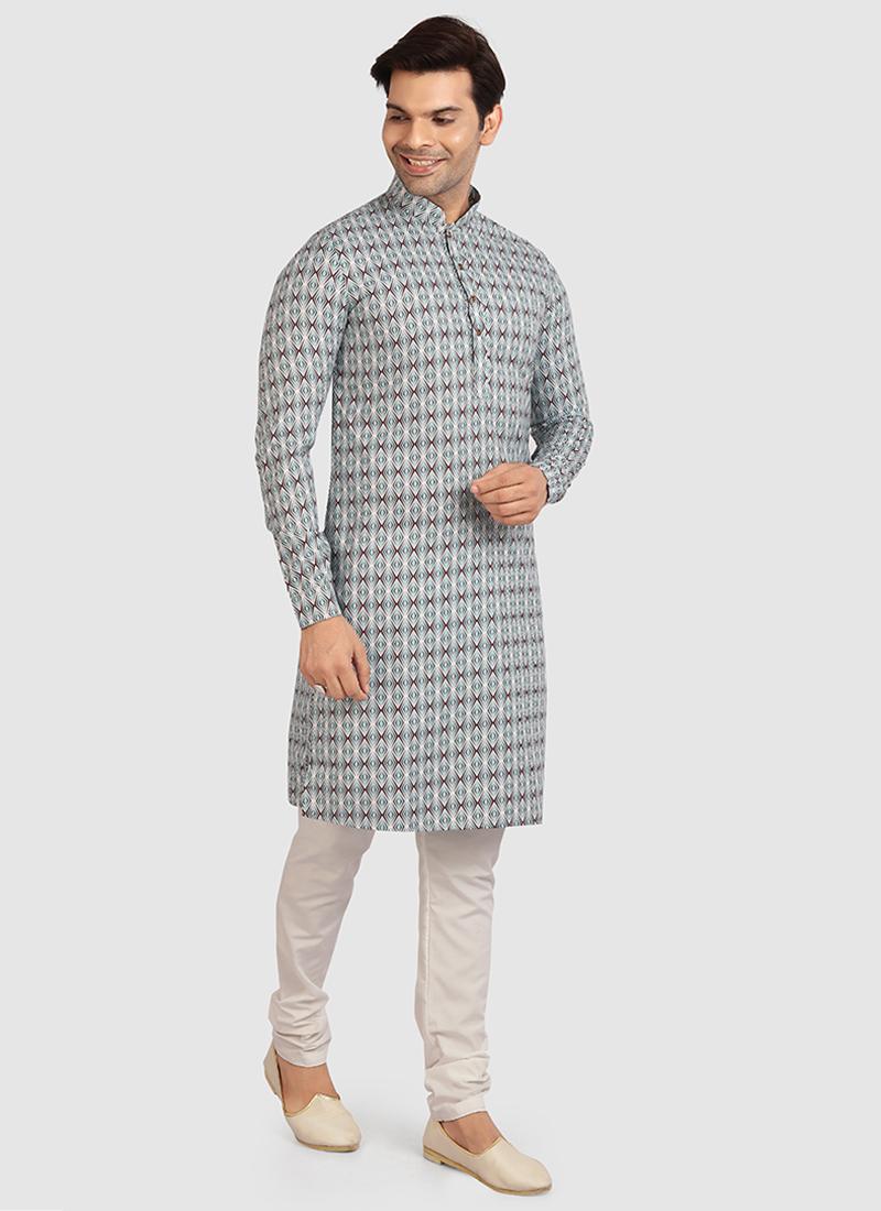 Grey Cotton Mens Kurta Pyjama Set