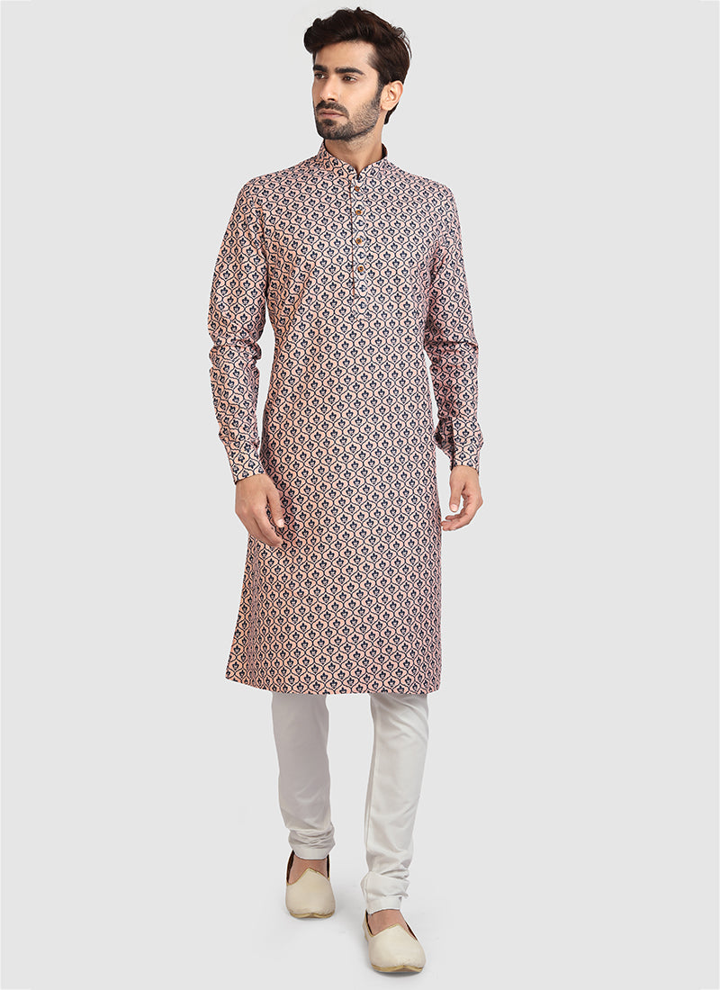 Blush Peach Cotton Mens Kurta Pyjama Set