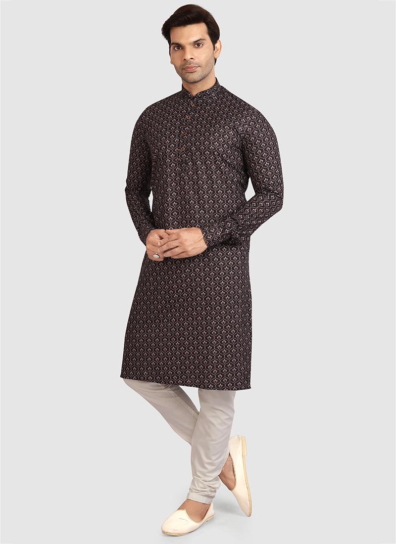 Black Cotton Mens Kurta Pyjama Set