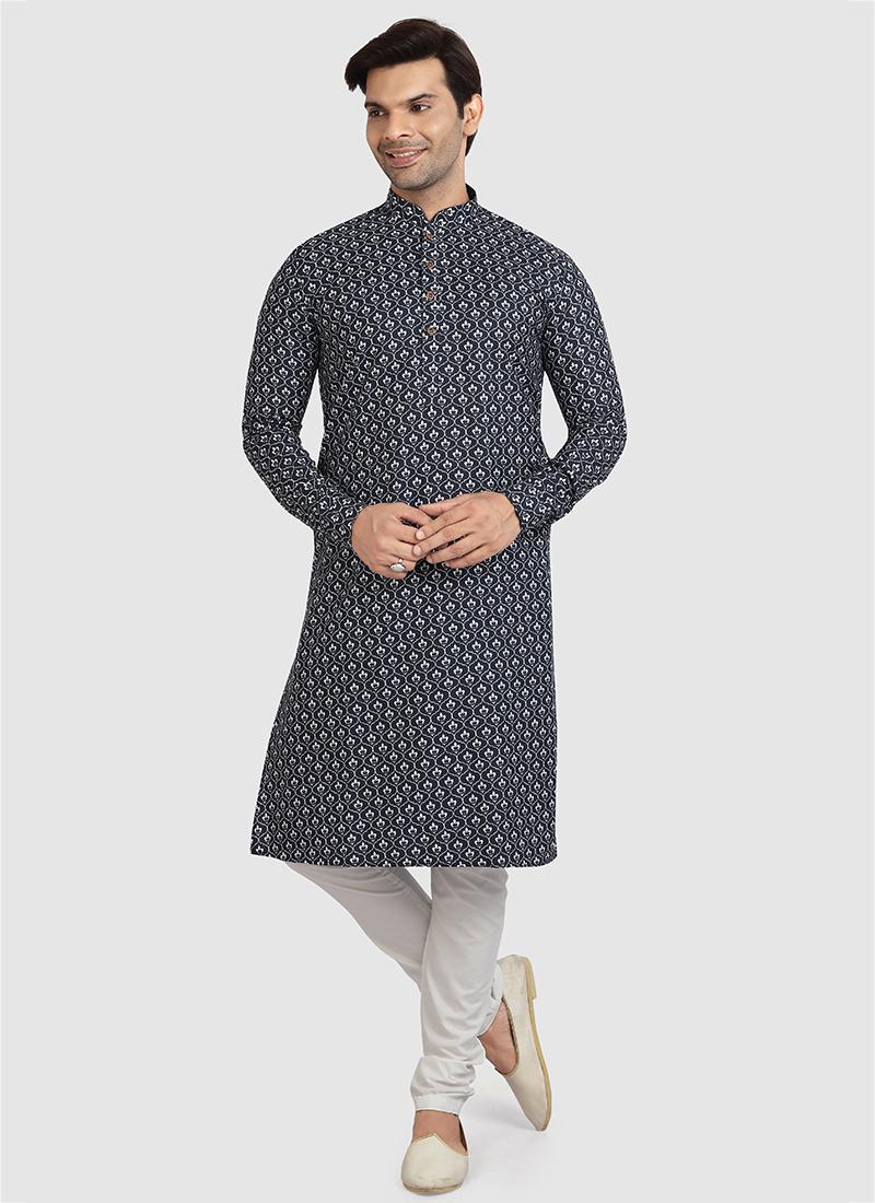 Navy Blue Cotton Mens Kurta Pyjama Set