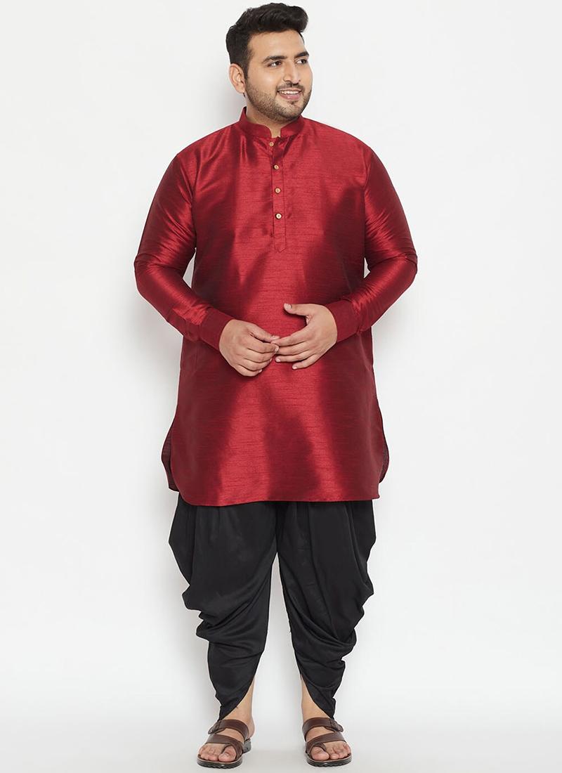 Maroon Dupion Silk Mens Kurta Pyjama Set