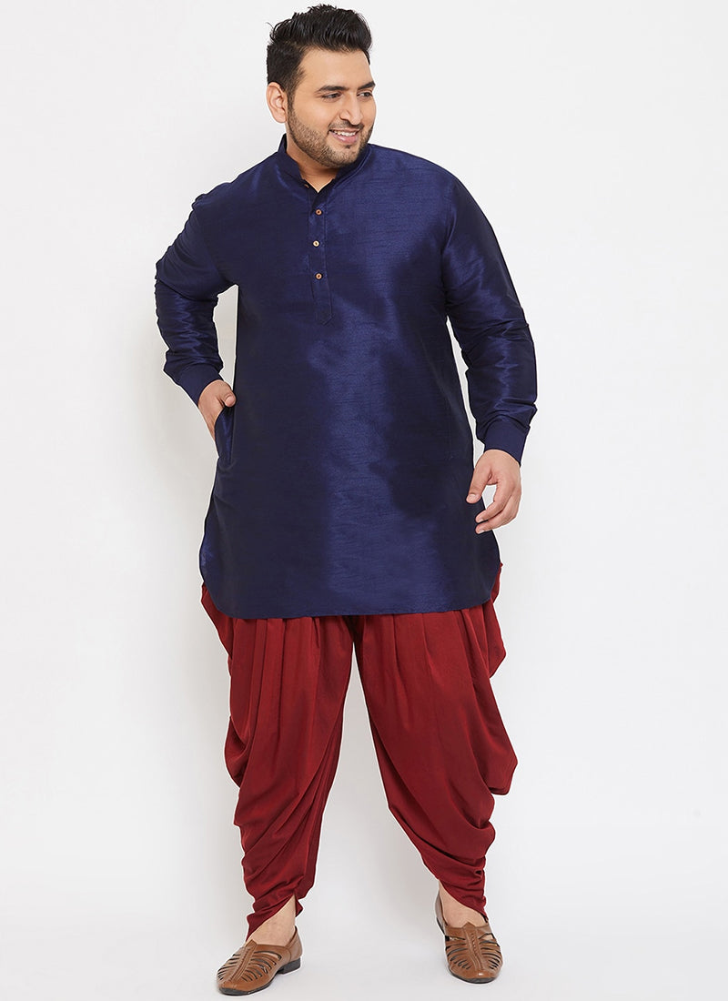 Navy Blue Dupion Silk Mens Kurta Pyjama Set