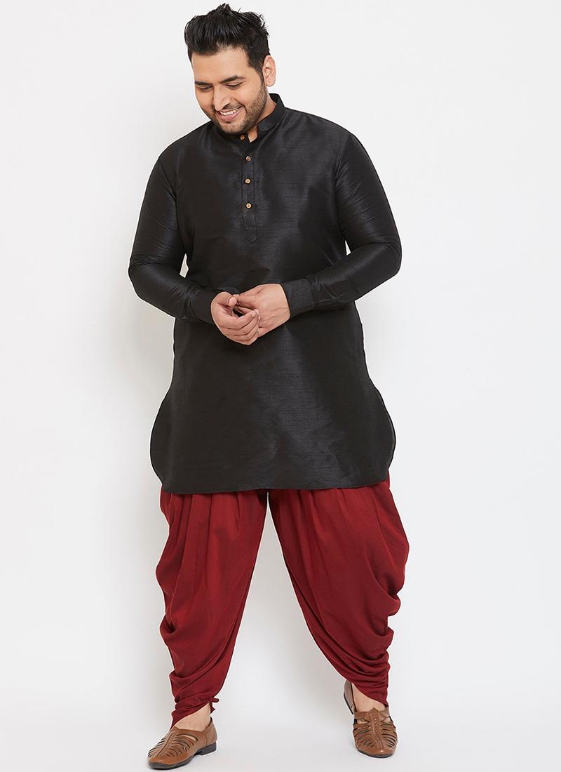 Black Dupion Silk Mens Kurta Pyjama Set
