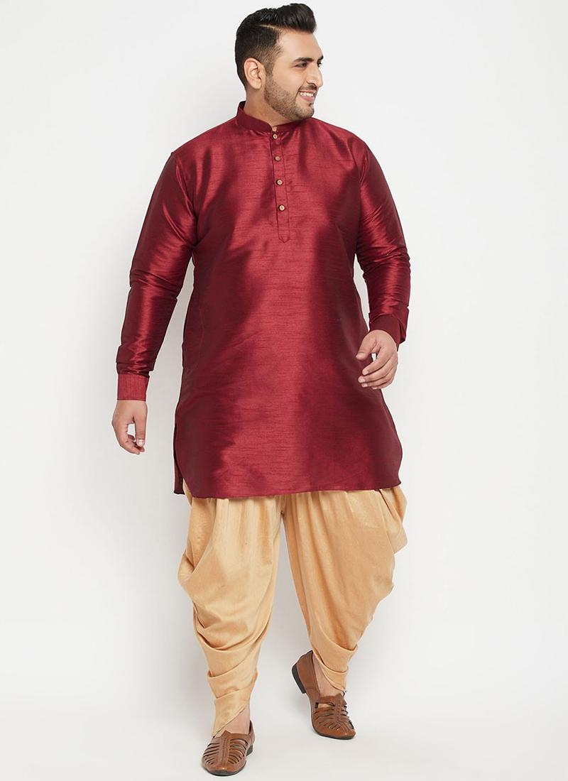 Maroon Dupion Silk Mens Kurta Pyjama Set