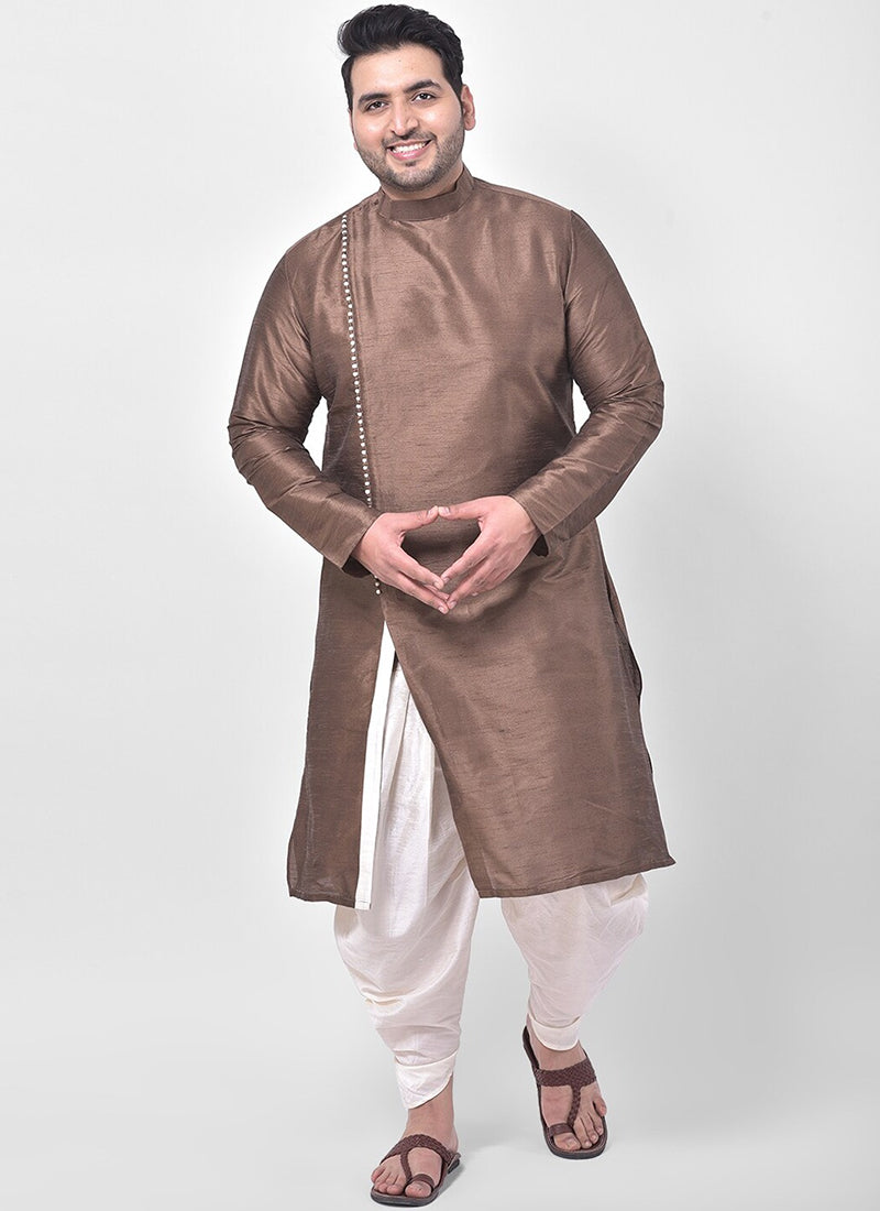 Brown Dupion Silk Mens Kurta Pyjama Set