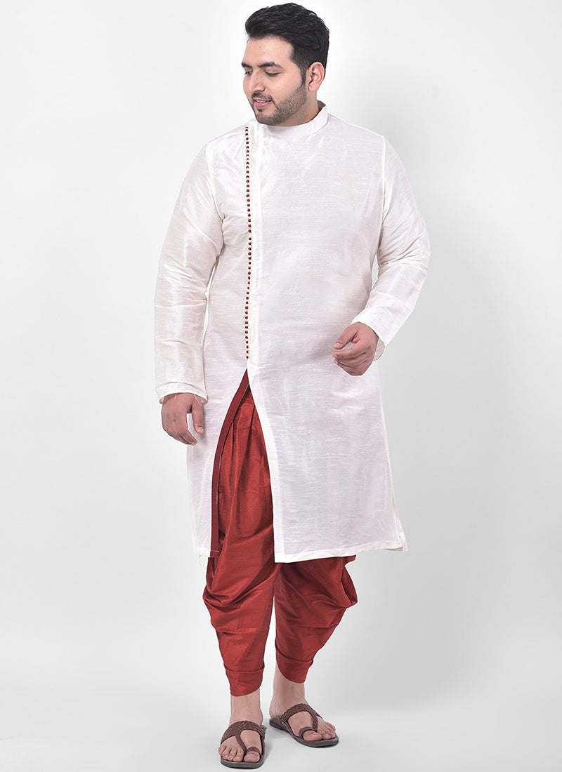 White Dupion Silk Mens Kurta Pyjama Set