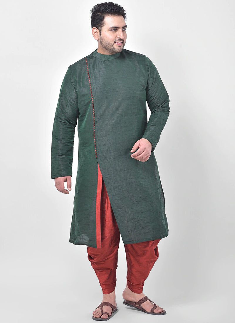Green Dupion Silk Mens Kurta Pyjama Set