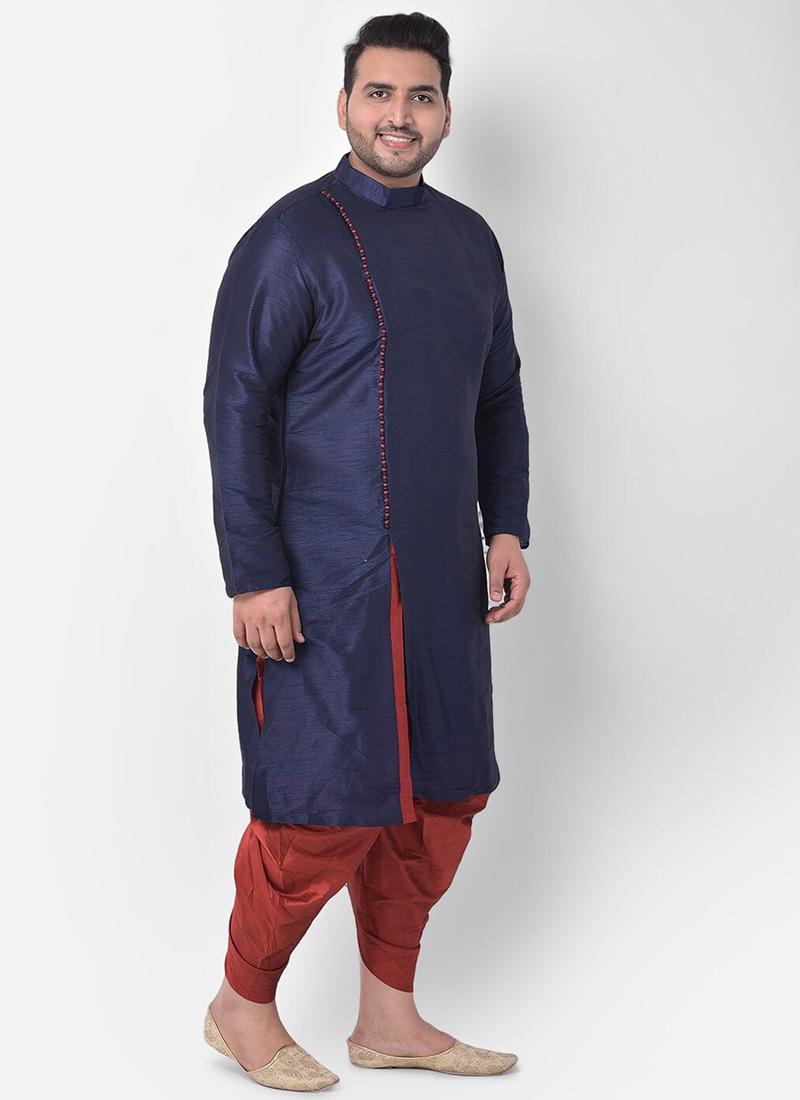 Navy Blue Dupion Silk Mens Kurta Pyjama Set