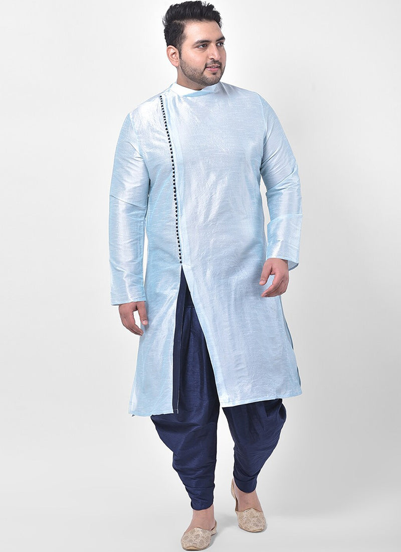 Ice Blue Dupion Silk Ready Made Mens Kurta Pyjama Set