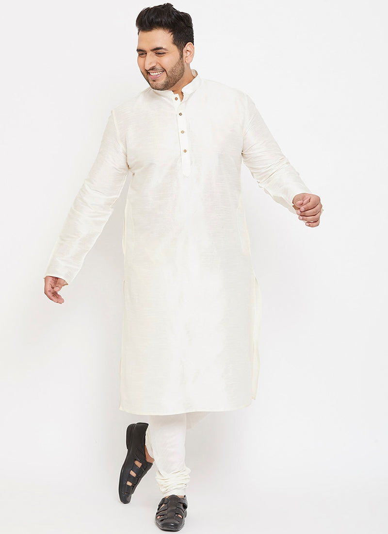 White Dupion Silk Mens Kurta Pyjama Set