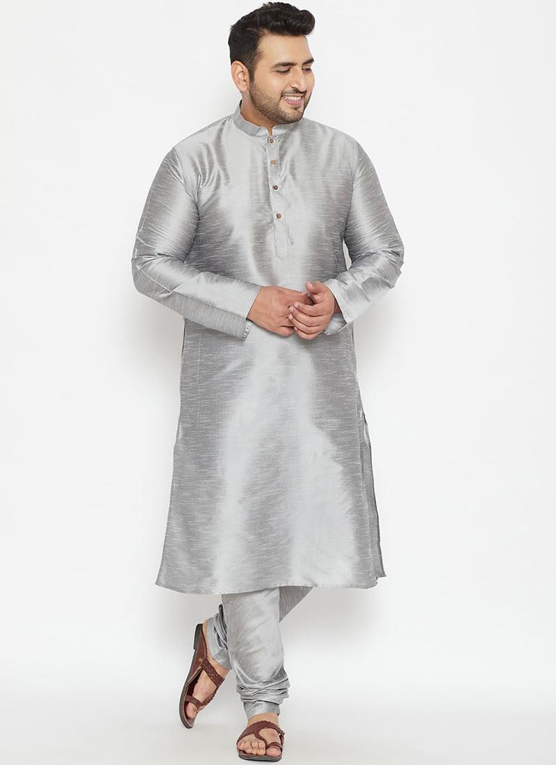 Grey Dupion Silk Mens Kurta Pyjama Set
